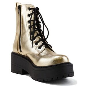 Women Combat Platform Lug Sole Block Heel Ankle Boots Gold Lace Up Size 8